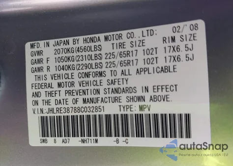 2008 Honda Cr-V Ex-L z USA, uszkodzony, nr VIN JHLRE38788C032851